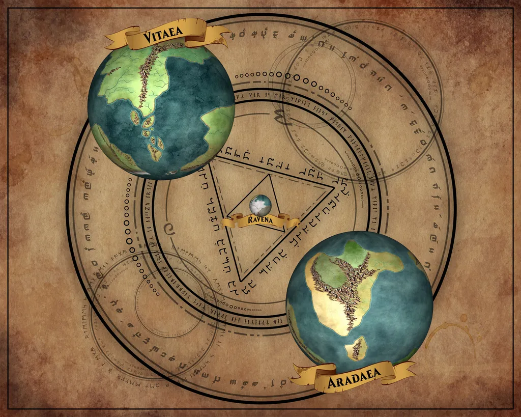 The realm map of Geminaea: the twin planets Aradaea and Vitaea with the moon Ravena between them